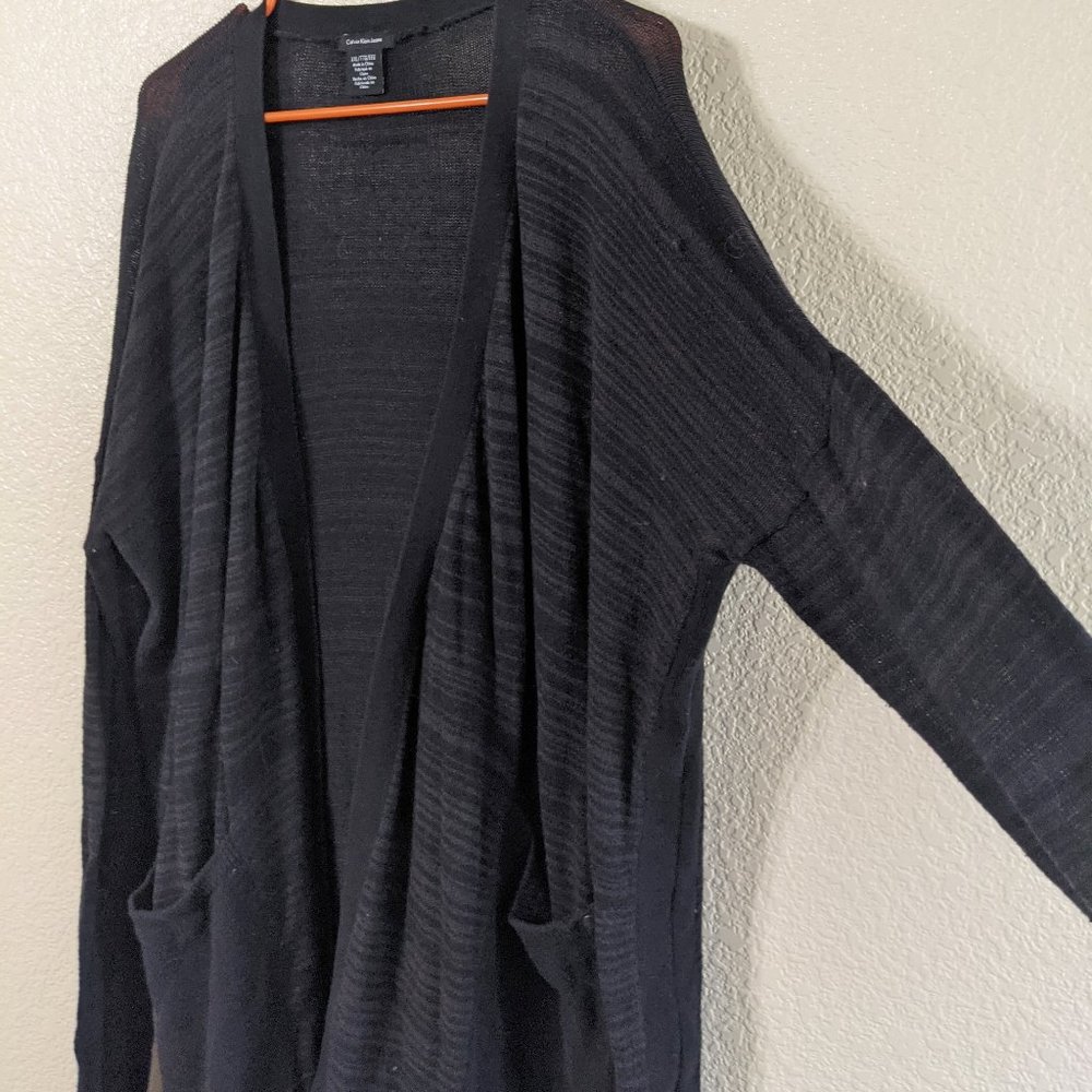 Open front extra long black stripe cardigan